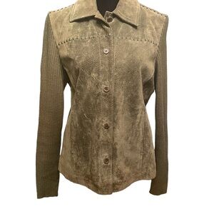 Live a Little suede jacket with sweater sleeves, size small